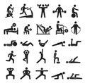 Fitness exercise icons, sport workout pictograms. People doing yoga, exercising, jogging. Various sports activities