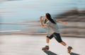 Fitness, exercise and a man on roller skates moving fast with blurred background. Action, movement and an adrenaline