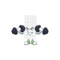 Fitness exercise pills cartoon character using barbells