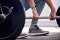 Fitness, exercise and strong, woman with barbell doing deadlift during workout and weight training for a healthy body Royalty Free Stock Photo