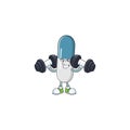 Fitness exercise vitamin pills cartoon character using barbells