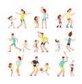 Fitness family, parents and kids training together. Active families doing sports exercise vector flat people isolated