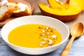 Fitness food. Diet cream soup with pumpkin seeds. Autumn breakfast. Royalty Free Stock Photo