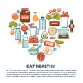 Fitness food poster of sports healthy diet food nutrition icons.