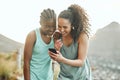 Fitness friends outdoor, smartphone and women smile at social media, meme and communication with technology. Female Royalty Free Stock Photo