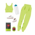 Fitness gadget, sportswear and footwear isolated on white background. Water bottle, gadgets, sneakers, track suit