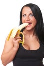 Fitness girl with banana isolated on white Royalty Free Stock Photo