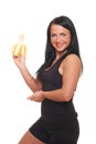 Fitness girl with banana isolated on white Royalty Free Stock Photo