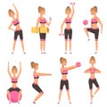 Fitness girl. Female sport character in various action poses in gym making cardio exercises