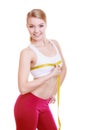 Fitness girl sporty woman measuring her bust size isolated