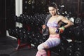 Fitness girl with towel and shaker relaxing in the gym Royalty Free Stock Photo