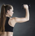 Fitness girl training shoulder muscles lifting dumbbells back view Royalty Free Stock Photo