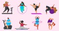 Fitness girls Plus Size. Health sport in club. Set of Fat Woman doing exercises, loses weight, running on the simulator
