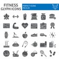 Fitness glyph icon set, sport symbols collection, vector sketches, logo illustrations, workout signs solid pictograms