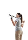 Fitness, golf and woman athlete in studio contemplating with a steel club equipment for game. Fitness, pensive and Royalty Free Stock Photo