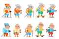 Fitness Granny Grandfather Adult Healthy Activities Old Age Man Woman Characters Set Cartoon Flat Design Vector