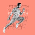 Fitness graphic, running and man isolated on studio background in headphones music for cardio training. Jump, speed and