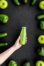 Fitness greeny drink with vegetables on dark background top view mock-up Royalty Free Stock Photo