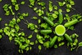 Fitness greeny drink with vegetables on dark background top view mock-up Royalty Free Stock Photo