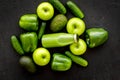 Fitness greeny drink with vegetables on dark background top view mock-up Royalty Free Stock Photo