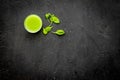 Fitness greeny drink with vegetables on dark background top view mock-up Royalty Free Stock Photo