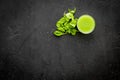 Fitness greeny drink with vegetables on dark background top view mock-up Royalty Free Stock Photo