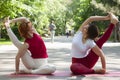 Fitness group doing yoga in park Pose tree. Workout Royalty Free Stock Photo