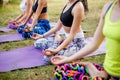 Fitness group doing yoga in park on a sunny day. Royalty Free Stock Photo
