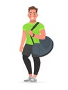 Fitness guy with a sports bag on a white background. Trainer or gym visitor Royalty Free Stock Photo