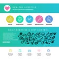 Fitness, gym, cardio, healthy lifestyle, health food, web design template with thin line icons