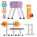 Fitness gym club vector icons athlet and sport activity body tools wellness dumbbell equipment Royalty Free Stock Photo