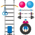 Fitness gym club athlet sport activity body tools wellness dumbbell equipment vector illustration Royalty Free Stock Photo