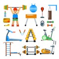 Fitness gym club vector icons. Sportsman silhouette, bicycle track, damn ladder, fitball