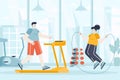 Fitness gym concept in flat design. Couple exercising in sports club scene. Man running on treadmill, woman jumping rope. Workout Royalty Free Stock Photo