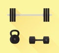 Fitness gym equipment icons. Barbell, dumbbell, kettlebell, modern minimal flat design style. Vector illustration, icon set
