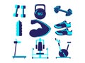 Equipment set for Fitness and gym, sports items vector icons. bodybuild Dumbbells, barbell, and bottle, training sneakers, cardio Royalty Free Stock Photo