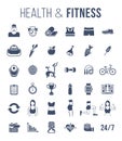 Fitness gym and healthy lifestyle flat silhouettes vector icons