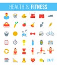 Fitness gym and healthy lifestyle flat vector icons