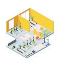 Fitness gym interior isometric illustration. Lighted room with cardio equipment sun loungers barbells comfortable yoga