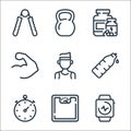 fitness and gym line icons. linear set. quality vector line set such as smart watch, scales, stopwatch, water bottle, sportsman,