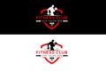 Fitness Gym Logo Design Vector. Shield Frame, Muscle Body, Man's Silhouette