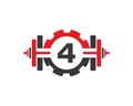 Fitness Gym Logo On Letter 4. Fitness Club Icon With Exercising Equipment. Initial Alphabet Letter 4 Logo Design Template