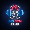 Fitness, gym logo sign in neon style isolated, vector illustration. A glowing banner, a bright neon sign, a night Royalty Free Stock Photo