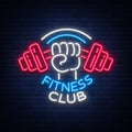 Fitness, gym logo sign in neon style , vector illustration. A glowing banner, a bright neon sign, a night Royalty Free Stock Photo