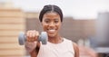 Fitness, gym and portrait of black woman with dumbbell, smile and motivation for wellness and power in training. Sports Royalty Free Stock Photo