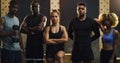 Fitness, gym and portrait of men and woman ready for exercise, training and workout class. Sports club, body builder and Royalty Free Stock Photo
