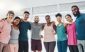 Fitness, gym and portrait of people for yoga, pilates class and excited for workout, exercise and training. Sports club Royalty Free Stock Photo