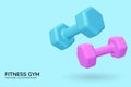 Fitness gym poster with 3d realistic dumbbell. Vector illustration. Fitness equipment for exercise banner, weights