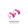 Fitness gym, vector logo sign, emblem design template. Pink heart shape dumbbell, isometric icon. Girl training concept
