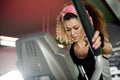 Fitness, gym or woman on stepper machine for cardio training, body workout or energy for endurance. Development